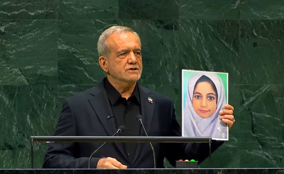 "We Are Victims Of Terrorism": Iran's Pezeshkian Shocks UN — Holds Up Photos Of Minab Children Killed By US & Scientists Killed By Israel